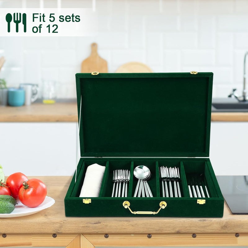 Pickmesh Silverware Case with Lid and Handle, Silverware Storage Box Sterling Silver Flatware Chest Without Silver Tarnish Proof Utensils Organizer for Kitchen Decor Wedding Gifts(Emerald,1 Layer) - Image 5
